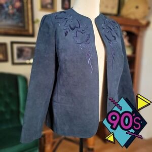 Faux Suede Blazer Vintage 90s Blue Embroidered Unique Boho Chic Womens Medium